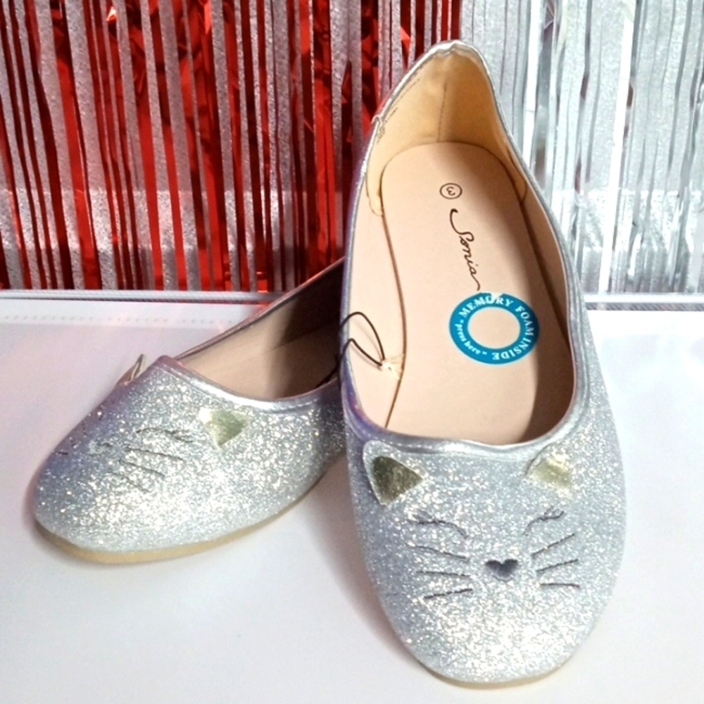 SONIA GIRLS SILVER SPARKLE CAT BALLERINA SLIPPERS FLATS SIZE 3 NWT
